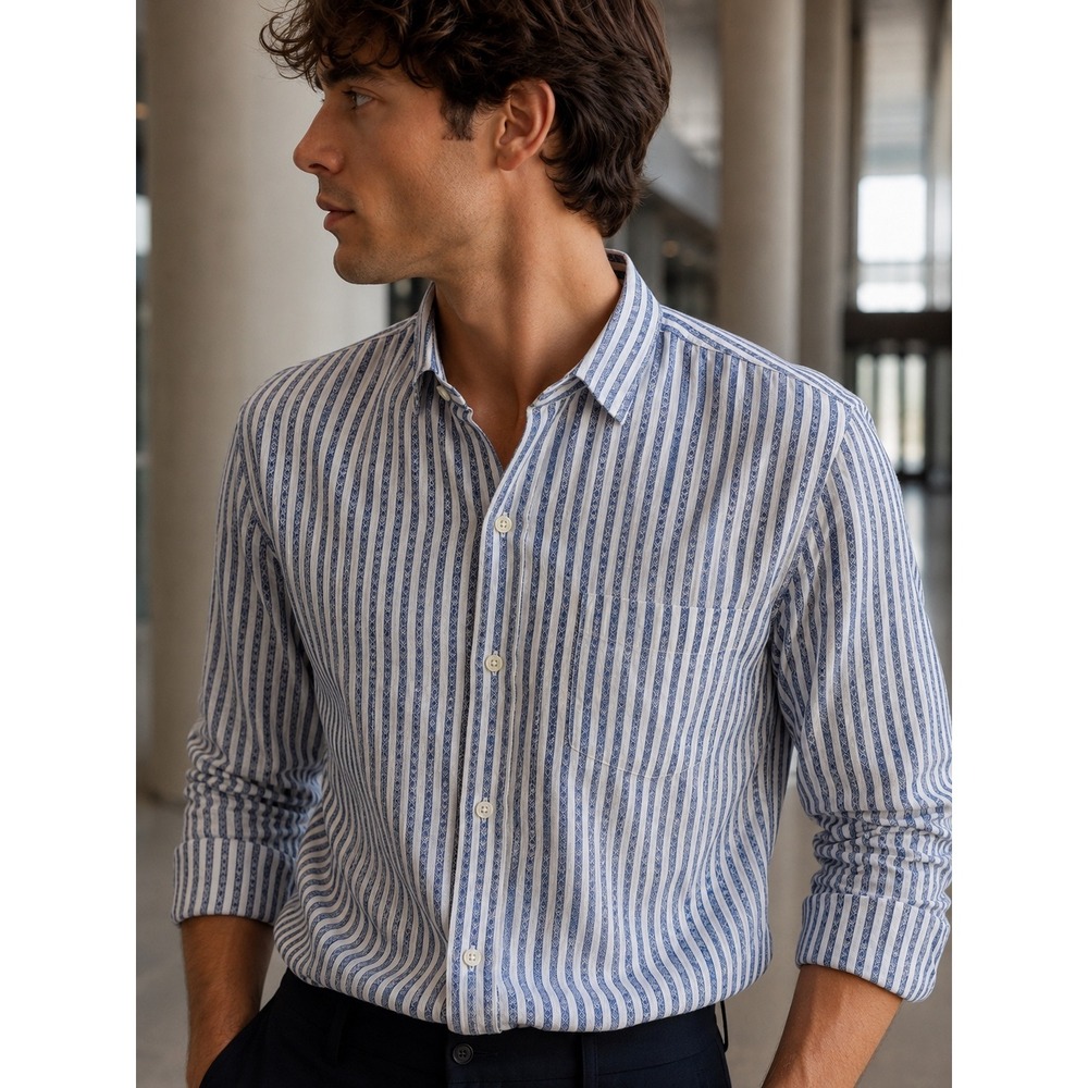 Neiman Marcus Mens Trim‎ Fit Dress Shirt 16 32/33 Blue White Striped Cotton L/S